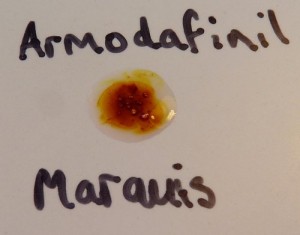 Marquis reaction with Armodafinil (yellow/orange/brown)