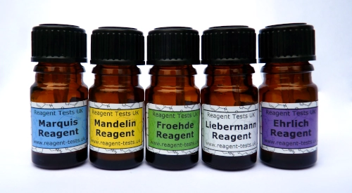 A selection of reagent tests used to test MDMA, cocaine, amphetamine and ketamine purity.
